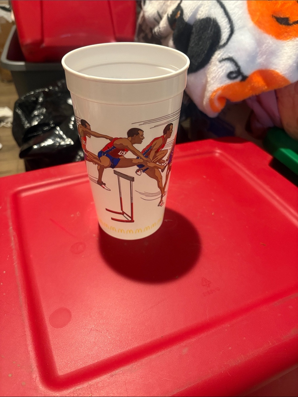 McDonald's White Plastic Hurdles Athlete Cup with Red and Blue Artwork